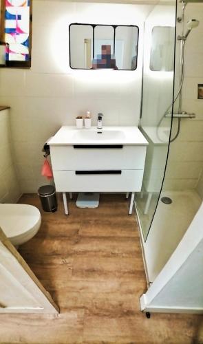 y baño con lavabo blanco y ducha. en Joli logement centre ville avec clim en Orange