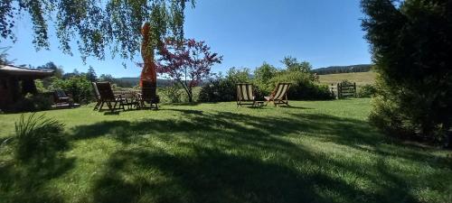 a group of chairs sitting in the grass at Apartments Carevo Polje in Zlatibor