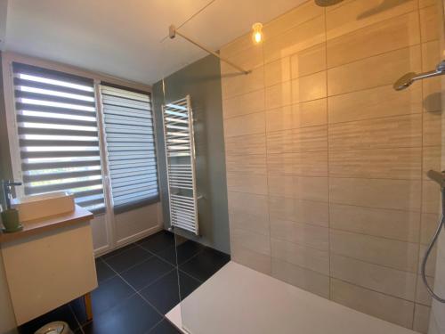 une salle de bain avec une douche, un lavabo et un miroir dans l'établissement Nature - Gîte entièrement neuf à 100m de la plage, à Wimereux