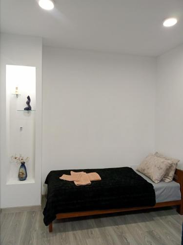 a bedroom with a bed in a white wall at Family Apartments Dorobok in Lviv