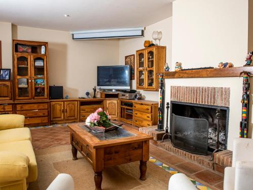 a living room with a fireplace and a tv at Apartamento Rústico en Ojén in Ojén