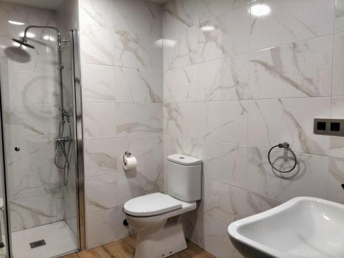 a bathroom with a toilet and a shower and a sink at Villa Burión in Llanera