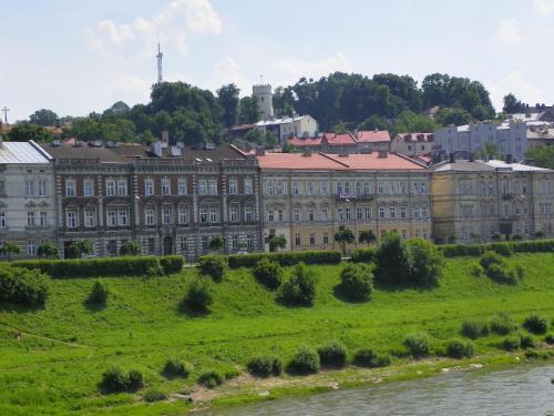 ein großes Gebäude mit einem grünen Feld neben einem Fluss in der Unterkunft Pokoje Gościnne in Przemyśl