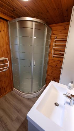 a bathroom with a shower and a white sink at Séjour cosy au Chamily in Somme-Leuze