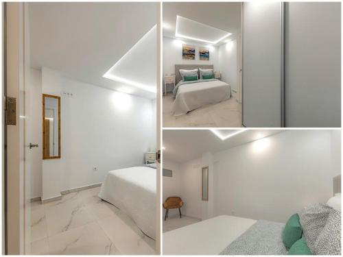 three pictures of a bedroom with a bed and a mirror at Apartamento SAN EUGENIO ,, LOS GARANIOS” in Adeje