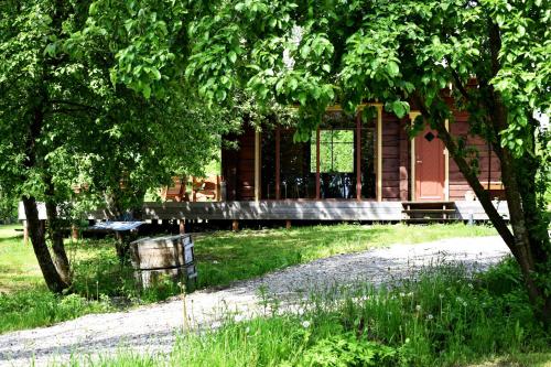 a log cabin with a porch and a tree at Kaimukas - namelis prie ežero keturiems in Dvarčėnai