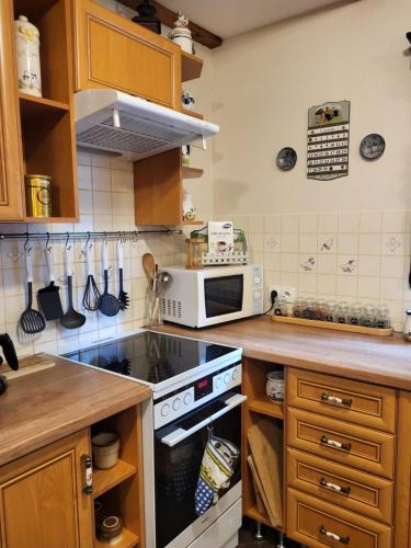 a kitchen with a stove and a microwave at Agroturystyka Łysa Góra in Jelenia Góra
