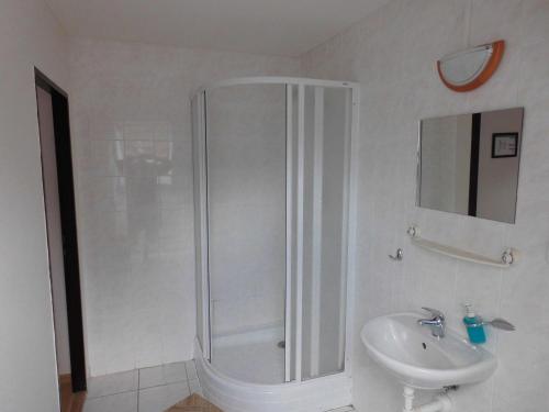 a white bathroom with a shower and a sink at Penzion Kovářská in Kovářská