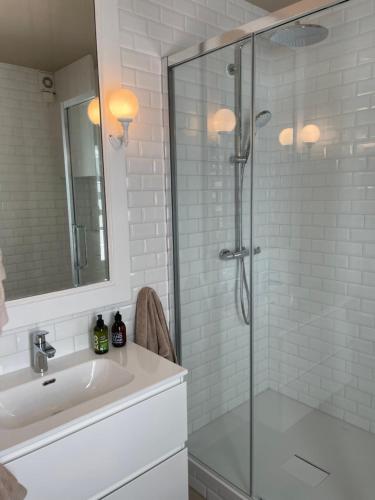 a bathroom with a glass shower and a sink at Le 25, Duplex élégant au cœur du piétonnier historique in Namur