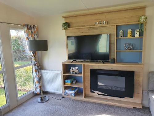 sala de estar con TV de pantalla plana y chimenea en Nidd Way Holiday Let, en Knaresborough