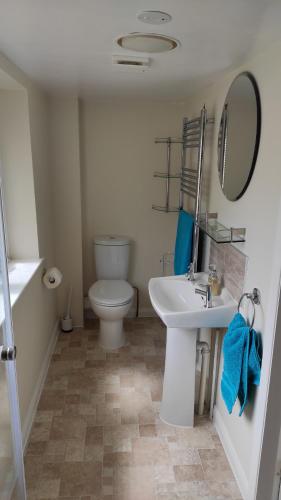 ein Badezimmer mit Waschbecken, Toilette und Spiegel in der Unterkunft Old Orchard Studio in Froggatt