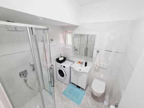 a white bathroom with a washing machine and a toilet at Apartments Viktorija in Pula
