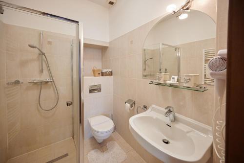 a bathroom with a toilet and a sink and a shower at Vinci Apartman Szombathely in Szombathely