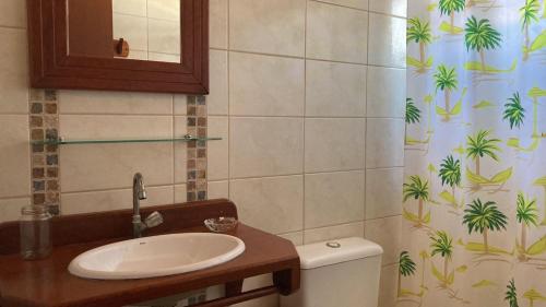 a bathroom with a sink and a toilet and a shower curtain at La Tatuira, Cabana Amarela in Pinheira
