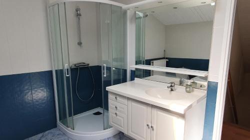 a bathroom with a glass shower and a sink at Villa Bahia - ADRIAE Home in LʼAiguillon-sur-Mer