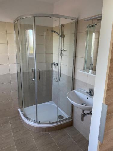 een badkamer met een douche en een wastafel bij Hostinec U Pejska a Kocicky in Mariánské Lázně