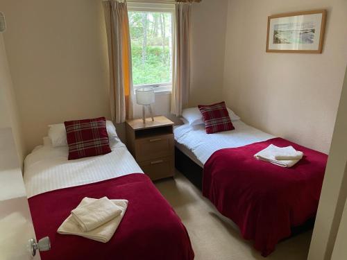 two twin beds in a room with a window at Tullochwood Lodges in Forres