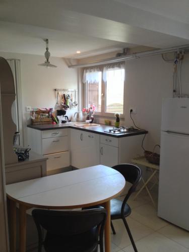 - une cuisine avec une table, des chaises et une table dans l'établissement Charmant F1 avec terrasse et vue sur jardin arboré - fraicheur naturelle du rez de jardin - parking, à Bellerive-sur-Allier