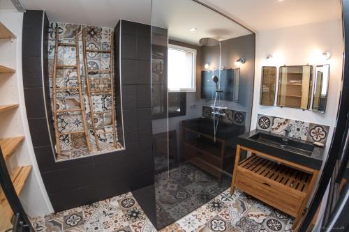 La salle de bains est pourvue d'une douche, d'un lavabo et d'un miroir. dans l'établissement Longère pierres/modernité proche mer/la guittière, à Talmont-Saint-Hilaire
