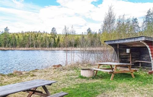 a picnic table and a shed next to a lake at Cozy Apartment In Torsåker With Wifi in Stjärnsund