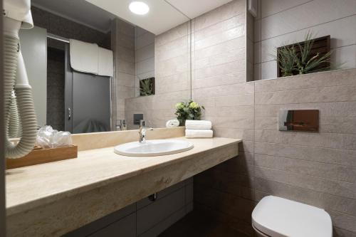 uma casa de banho com um lavatório, um WC e um espelho. em Hotel Fenyõ em Miercurea-Ciuc