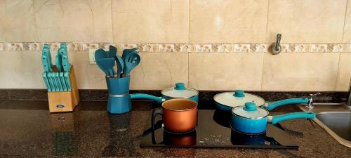 a kitchen counter with utensils and cups and a sink at Renda Iporava, Hermoso departamento en Salta in Salta