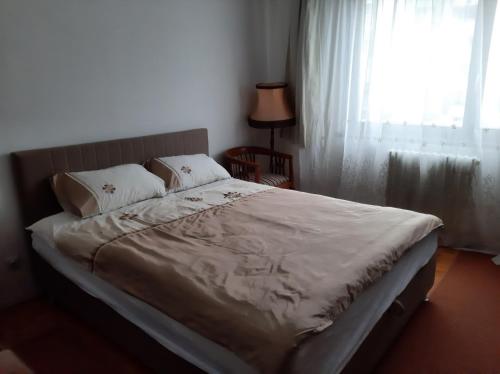 1 dormitorio con 1 cama grande y ventana en apartman dobrinja2 en Sarajevo