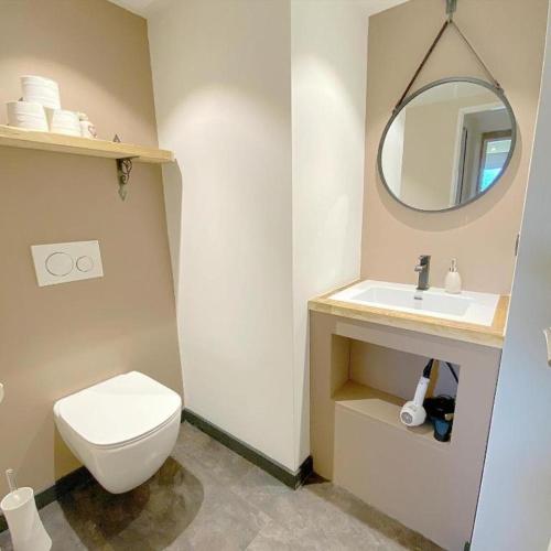 a bathroom with a toilet and a sink and a mirror at Bel Air - Propriétés Mont Amour in Montriond