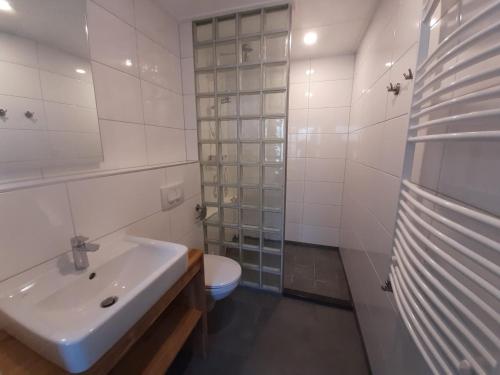 een witte badkamer met een wastafel en een toilet bij Appartement Boomgaard in Vrouwenpolder