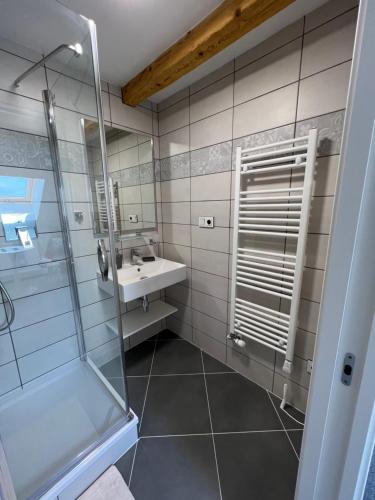 a bathroom with a shower and a sink and a mirror at Resort Mezná in Hřensko