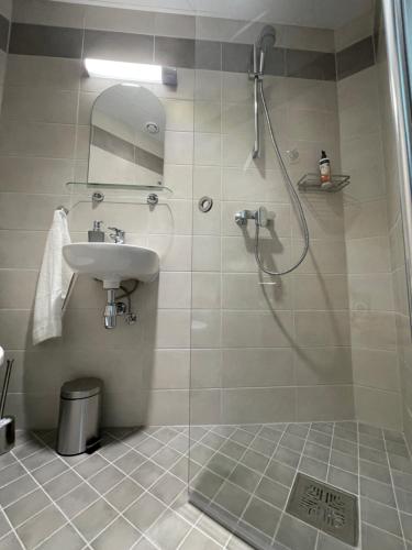 uma casa de banho com um chuveiro e um lavatório. em Pepleri Studio 68 em Tartu