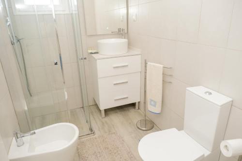 a bathroom with a toilet and a shower and a sink at Like-Home-T3 House-garden, sea view, beach in Casais de São Lourenço
