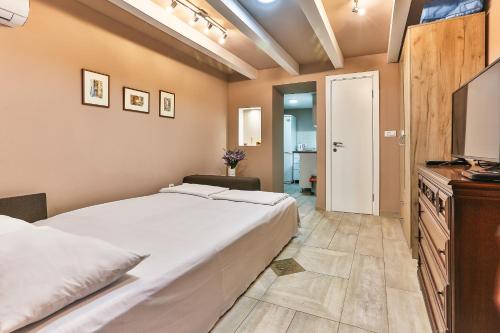 a bedroom with a large bed and a flat screen tv at Magnolia Lux Apartments in Budva