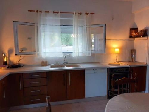 cocina con fregadero y ventana en COUNTRY HOUSE IN OLIVE GROVE - Gerakini, en Yerakiní