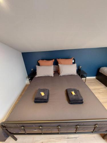 Bett in einem Zimmer mit zwei Kissen darauf in der Unterkunft Emilie une nuit - 3 chambres au 2e étage - maison avec chats in Vandières