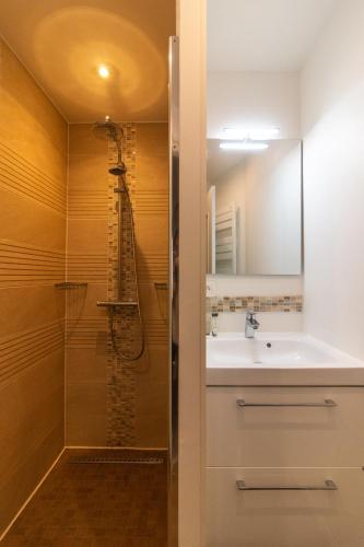 une salle de bain avec un lavabo et une douche dans l'établissement La Salamandra au coeur de Sarlat, à Sarlat-la-Canéda