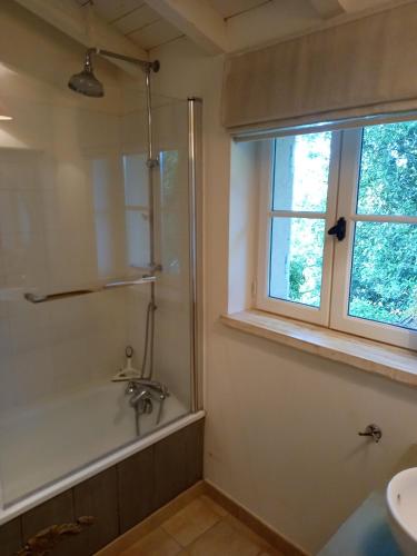 une salle de bain avec une douche et un lavabo et une fenêtre dans l'établissement Maison charmante avec jacuzzi à Saint-Ciers-de-Canesse, à Saint-Ciers-de-Canesse