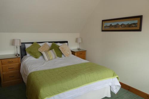 a bedroom with a bed with green sheets and pillows at Caisteal Liath House in Lochinver