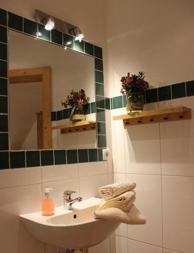 a bathroom with a sink and a mirror at Die KALSBERGERin Ferienwohnung für Genießer in Donnersbachwald