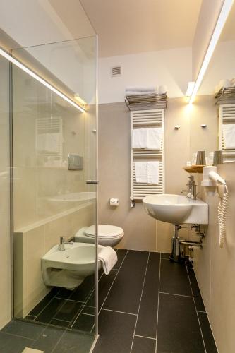 a bathroom with a sink and a toilet and a shower at Hotel Lo Scoiattolo in Courmayeur