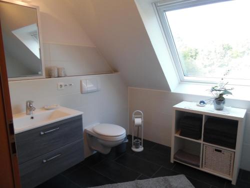un bagno con un water, un lavandino e una finestra di Landhaus Martina a Krummhörn