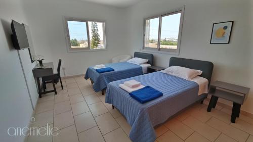 a room with two beds and a desk and a television at anemelie in Sotira