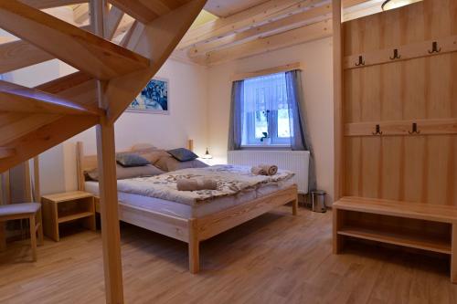 a bedroom with a bunk bed and a staircase at Pension Na Vyhlídce in Janov nad Nisou