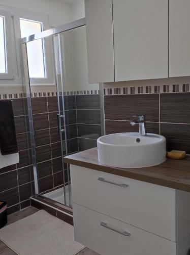 een badkamer met een witte wastafel en een douche bij chambre triple in Ploubazlanec