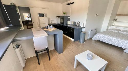 Cette petite chambre comprend un lit et une cuisine avec une table. dans l'établissement Studio Cocooning hauteur de Saint-Raphaël #2, à Saint-Raphaël