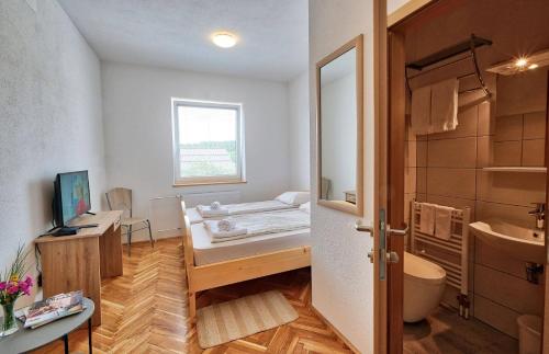 Habitación con cama y baño con lavabo. en Prenočišča Miklavčič, en Nova Vas