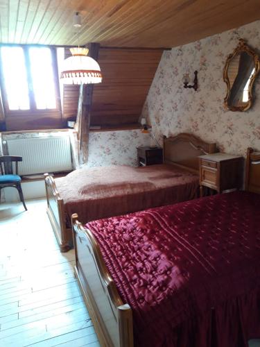 a bedroom with two beds and a chandelier at Gite Rural in Eygurande