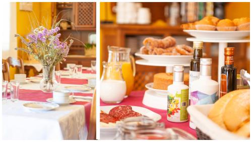 two pictures of a table with food and bottles of milk at Los Laureles Casa Rural in Urda