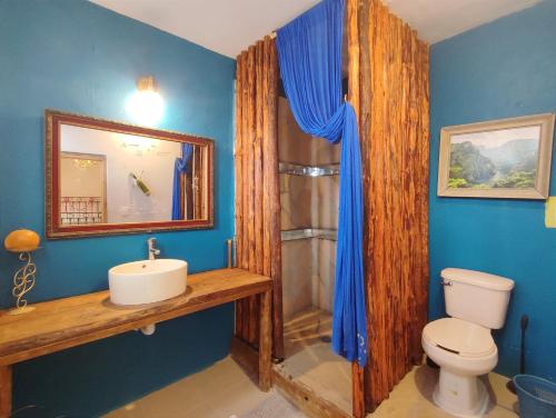 y baño con aseo, lavabo y ducha. en Hostal IKAL en San Cristóbal de Las Casas