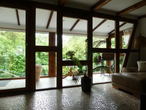 a living room with large windows and a couch at Blumenwerkstatt mit Sauna und Jacuzzi in Dankerode